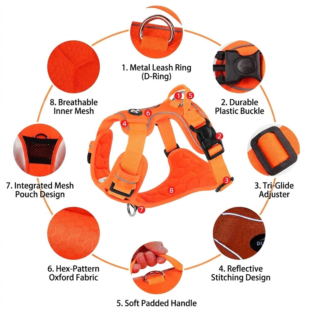 Orange Reflective No-Pull Dog Harness with Control Handle