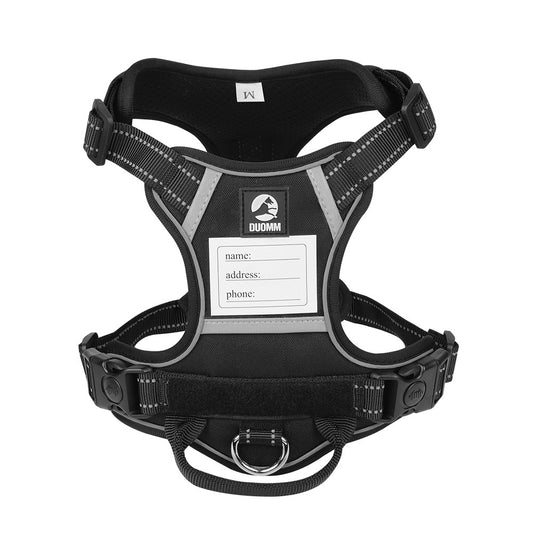 Black Heavy Duty Dog Harness with ID Address Slot, Adjustable No-Choke Vest for Strong Pullers, Safety Reflective Design