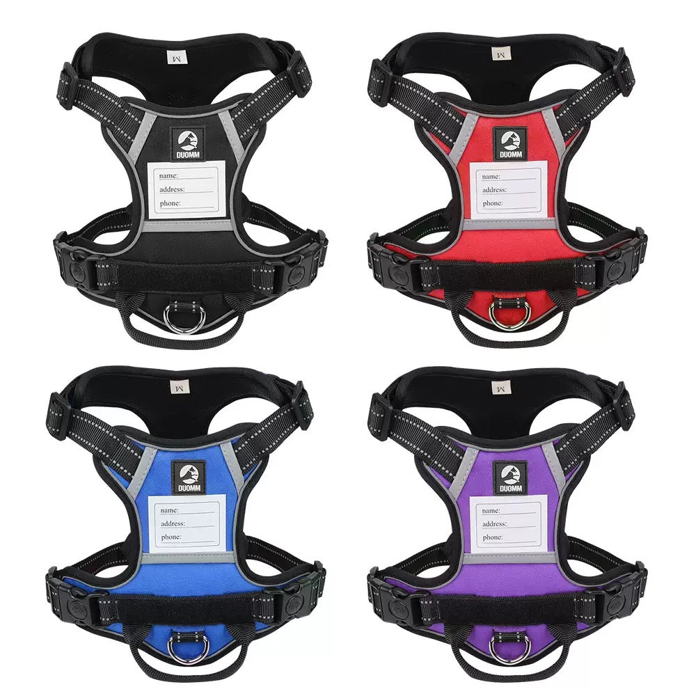 Black Heavy Duty Dog Harness with ID Address Slot, Adjustable No-Choke Vest for Strong Pullers, Safety Reflective Design