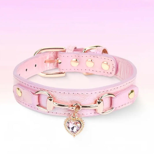 Pink Rhinestone Heart Charm Pet Collar — Adjustable PU Leather for Small Dogs & Cats