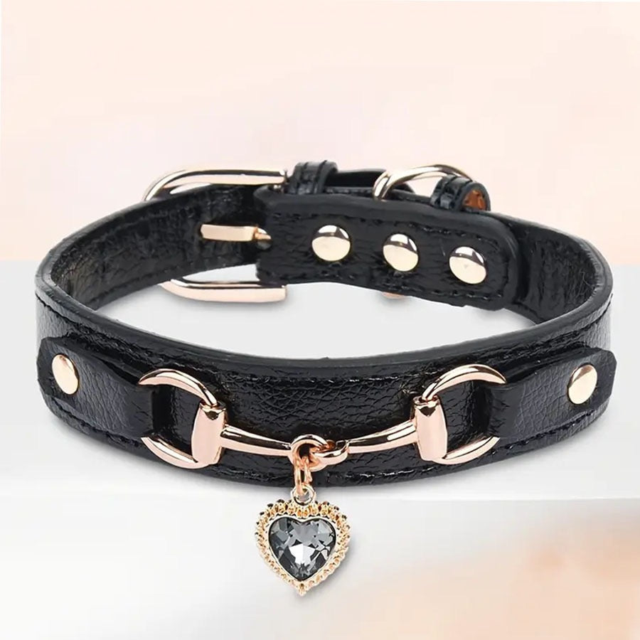 Pink Rhinestone Heart Charm Pet Collar — Adjustable PU Leather for Small Dogs & Cats