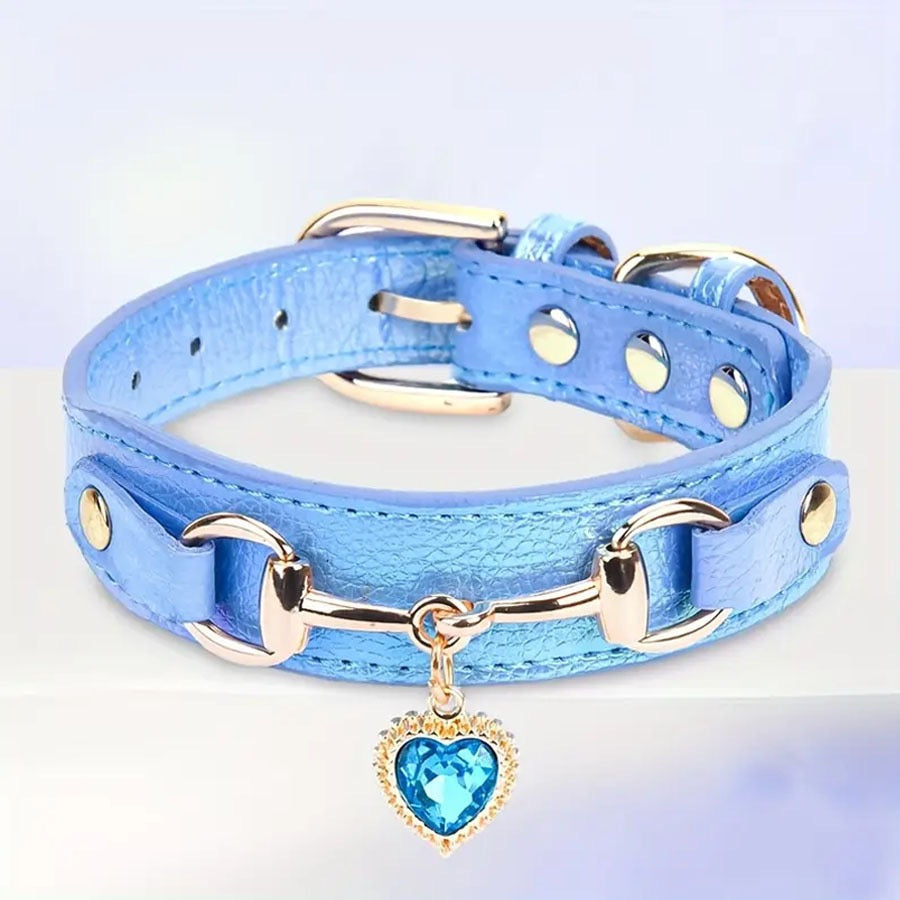Pink Rhinestone Heart Charm Pet Collar — Adjustable PU Leather for Small Dogs & Cats