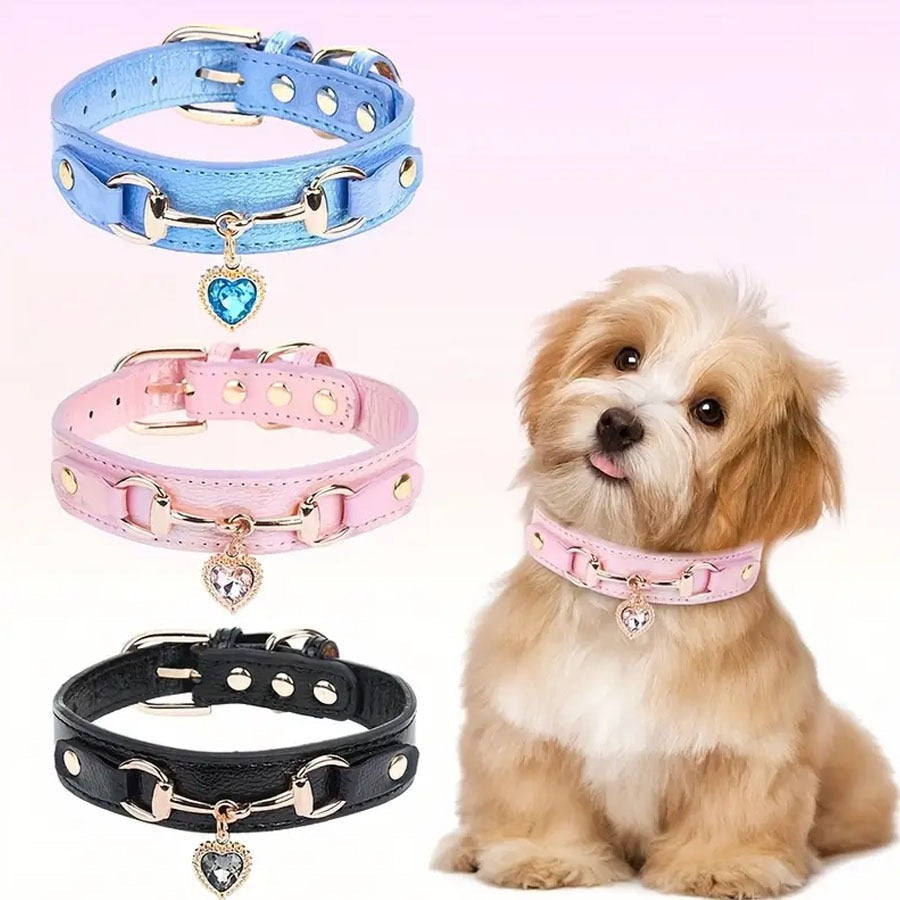 Pink Rhinestone Heart Charm Pet Collar — Adjustable PU Leather for Small Dogs & Cats