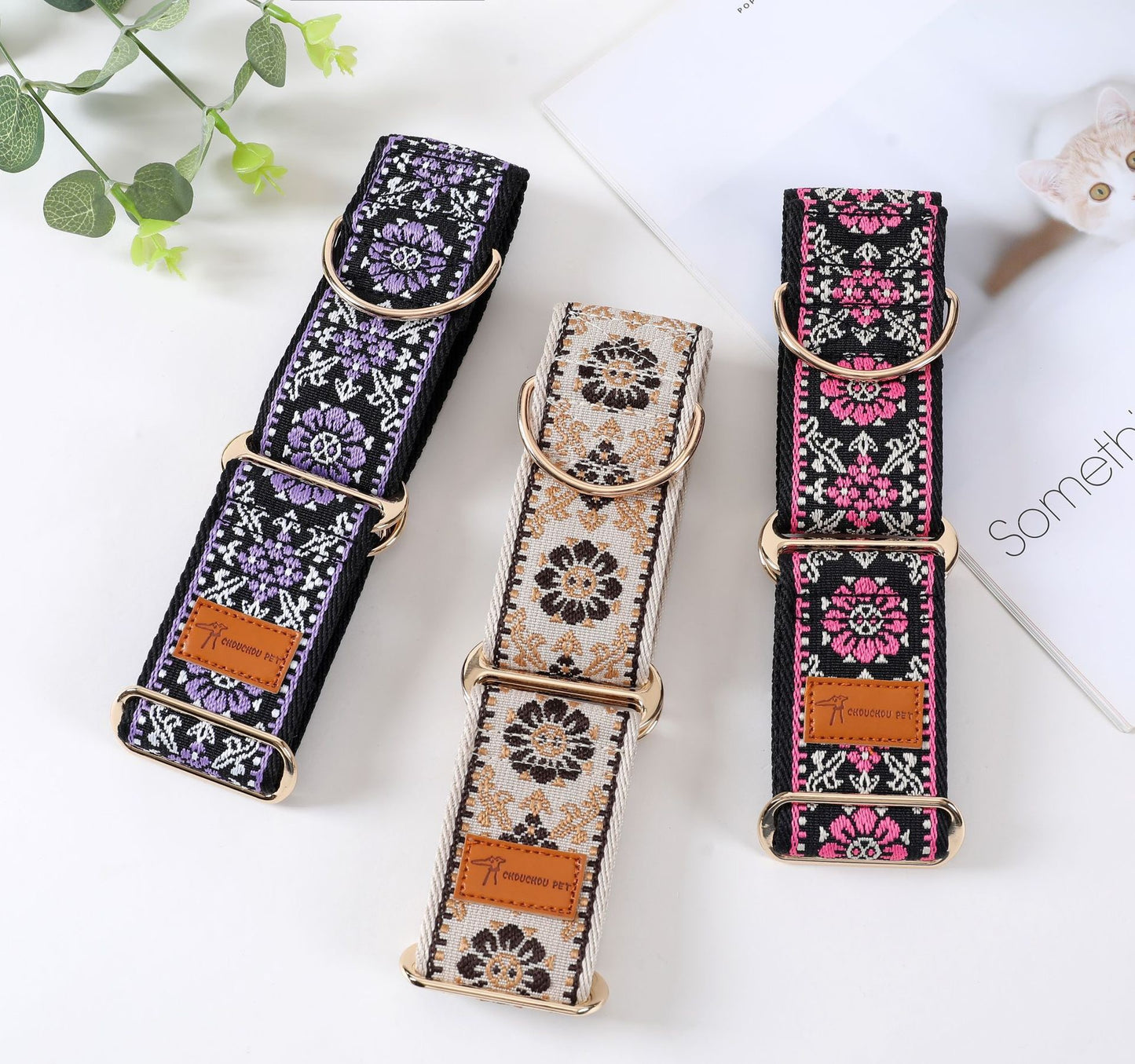 Bohemian Jacquard Pet Collar – Vintage Floral Style for Cats & Dogs