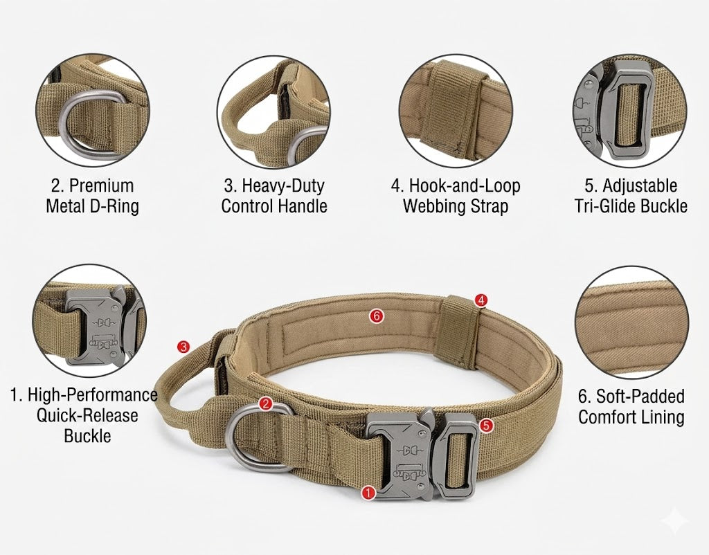 Military Grade Tactical Large Dog Collar | Padded Comfort Neck Collar with Handle & Solid Metal Buckle for German Shepherd Pitbull Labrador