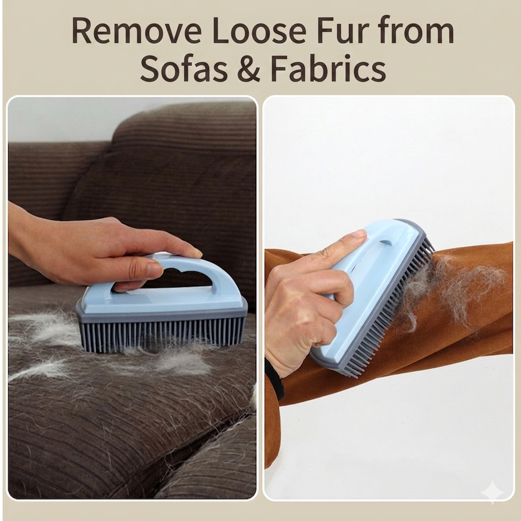 Silicone Cleaning Brush with Handle, Multi-Purpose Soft Bristle Scrubber for Carpet, Clothes, Pet Hair & Household Cleaning