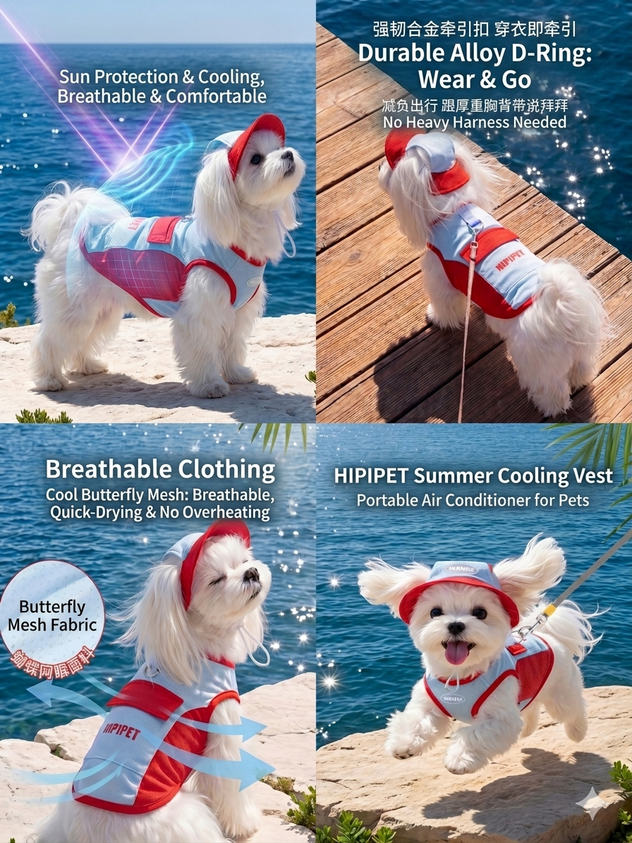 Summer Dog Cooling Vest with Sun Hat, Breathable Mesh Dog T-Shirt for Small Dogs, Cute Sporty Two-Piece Outfit for Maltese Bichon Frise Teddy, Red Blue Color Block Pet Clothes