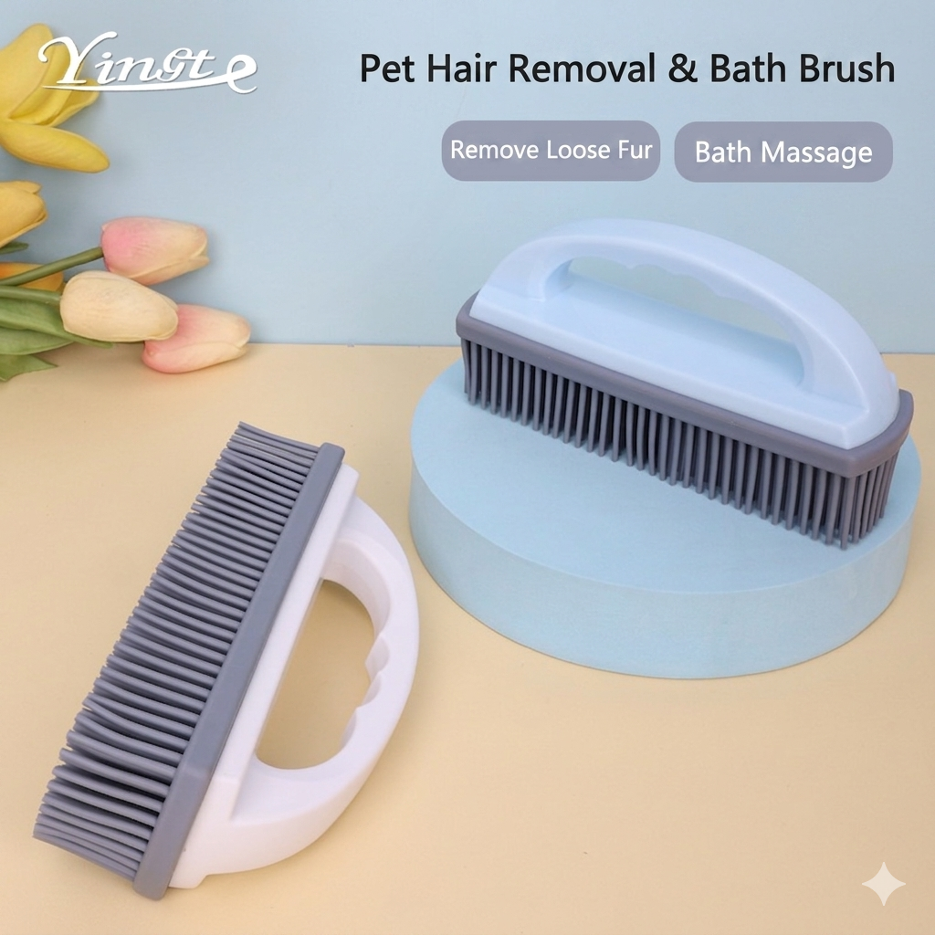 Silicone Cleaning Brush with Handle, Multi-Purpose Soft Bristle Scrubber for Carpet, Clothes, Pet Hair & Household Cleaning