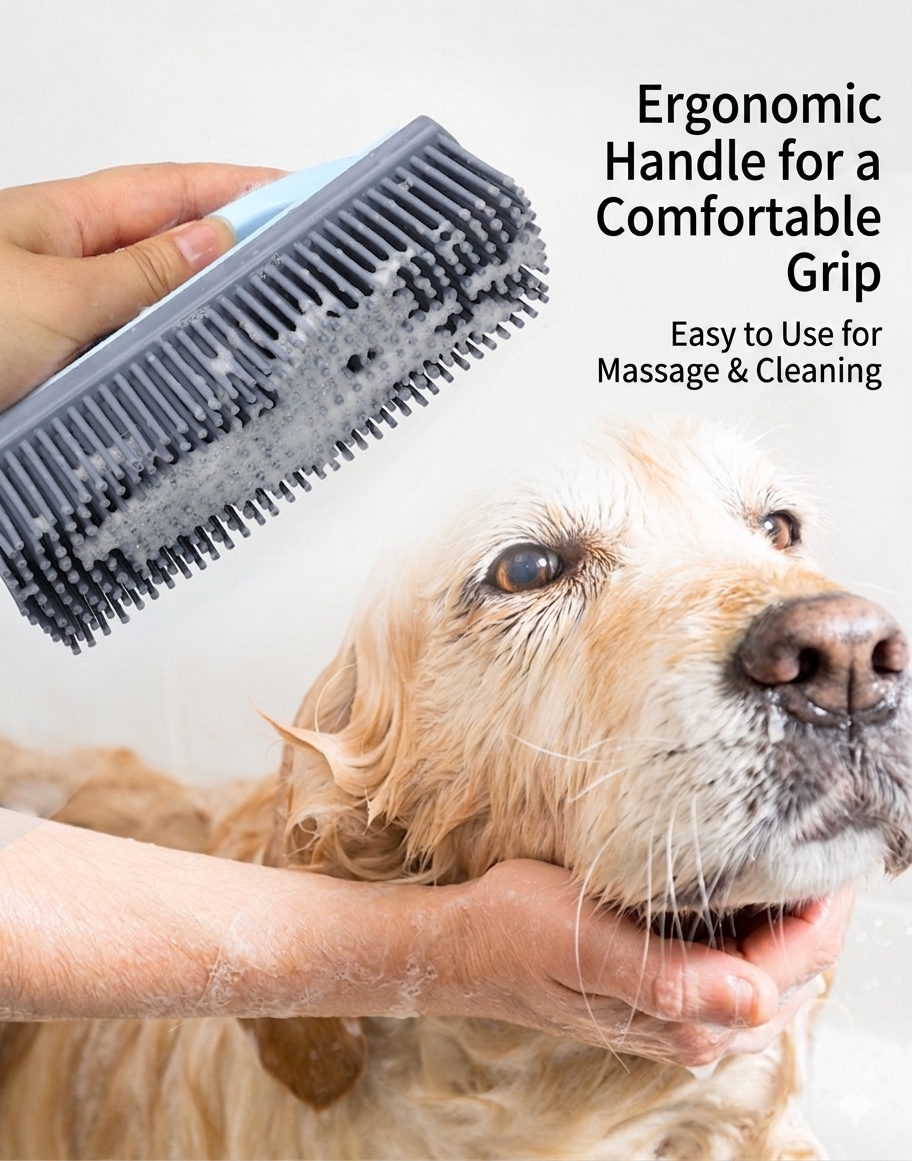 Silicone Cleaning Brush with Handle, Multi-Purpose Soft Bristle Scrubber for Carpet, Clothes, Pet Hair & Household Cleaning