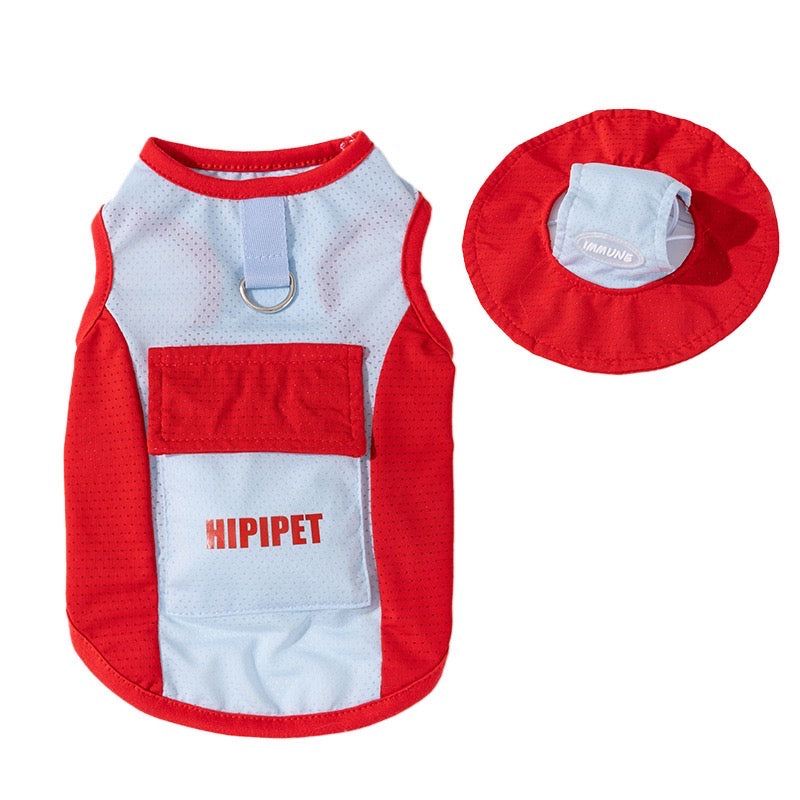 Summer Dog Cooling Vest with Sun Hat, Breathable Mesh Dog T-Shirt for Small Dogs, Cute Sporty Two-Piece Outfit for Maltese Bichon Frise Teddy, Red Blue Color Block Pet Clothes