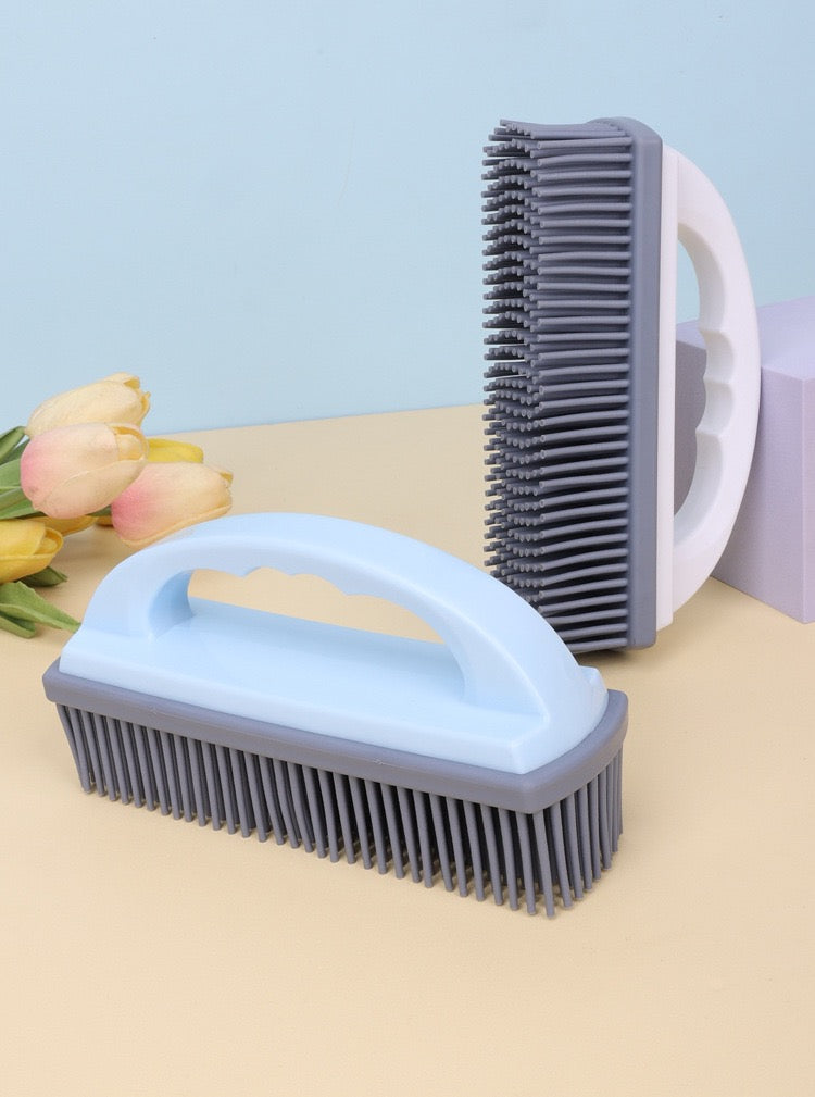 Silicone Cleaning Brush with Handle, Multi-Purpose Soft Bristle Scrubber for Carpet, Clothes, Pet Hair & Household Cleaning