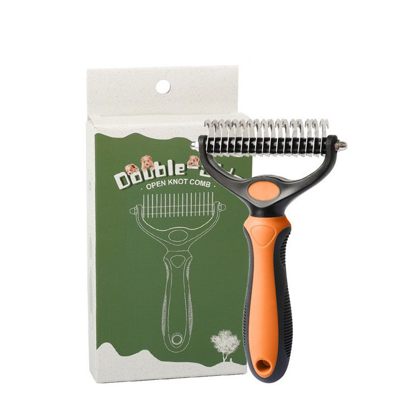 2-in-1 Pet Grooming Brush, Double-Sided Dematting Comb & Deshedding Rake for Dogs and Cats, Removes Tangles Mats & Loose Hair