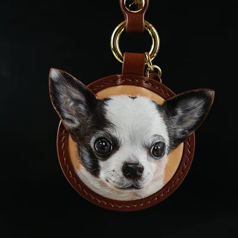 Handmade Leather Carved Pet Memorial Keychain – Custom Pet Photo Keepsake