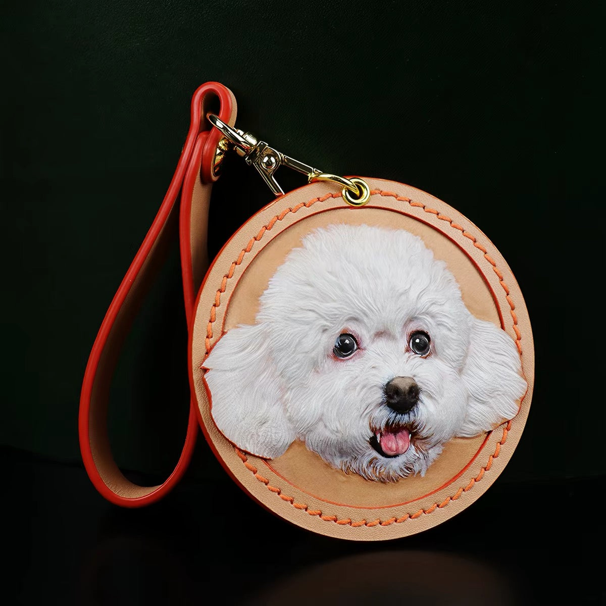 Handmade Leather Carved Pet Memorial Keychain – Custom Pet Photo Keepsake